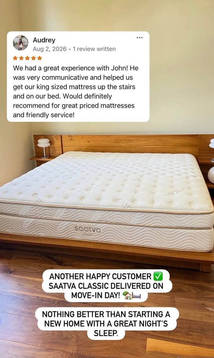 Audrey's Saatva Classic delivered and set up at home, posted to the John's Mattresses Instagram with Audrey's review