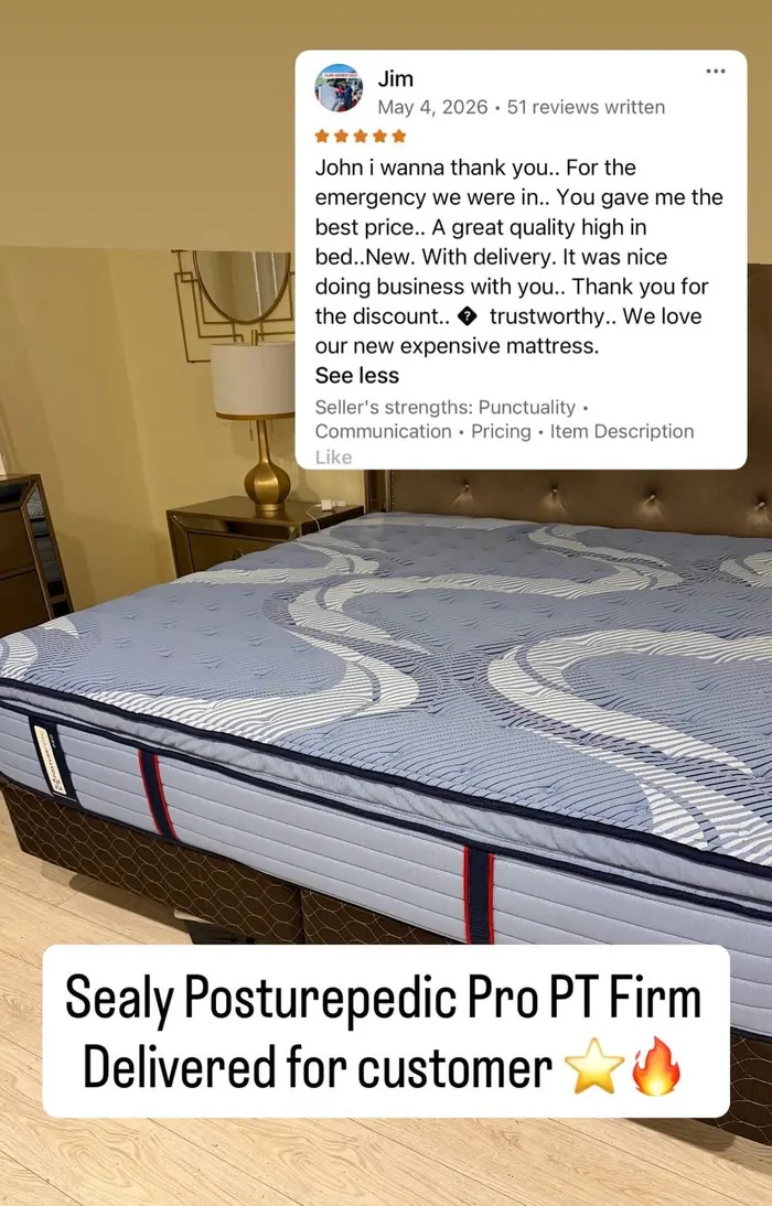 Jim's Sealy Posturepedic Pro delivered and set up at home, posted to the John's Mattresses Instagram with Jim's review