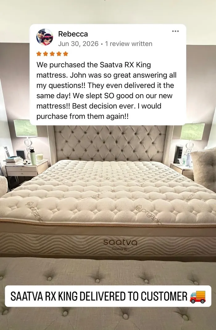 Rebecca's Saatva Rx, King delivered and set up at home, posted to the John's Mattresses Instagram with Rebecca's review