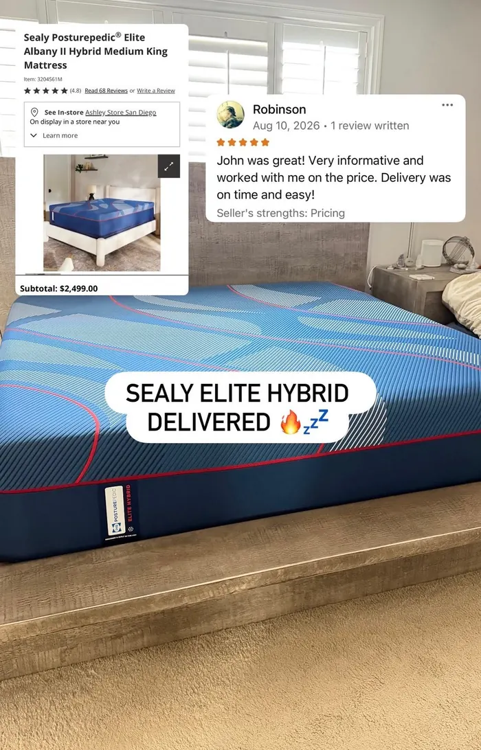 Robinson's Sealy Elite Hybrid delivered and set up at home, posted to the John's Mattresses Instagram with Robinson's review