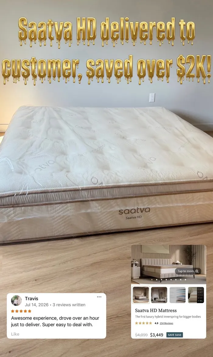 Travis's Saatva HD delivered and set up at home, posted to the John's Mattresses Instagram with Travis's review